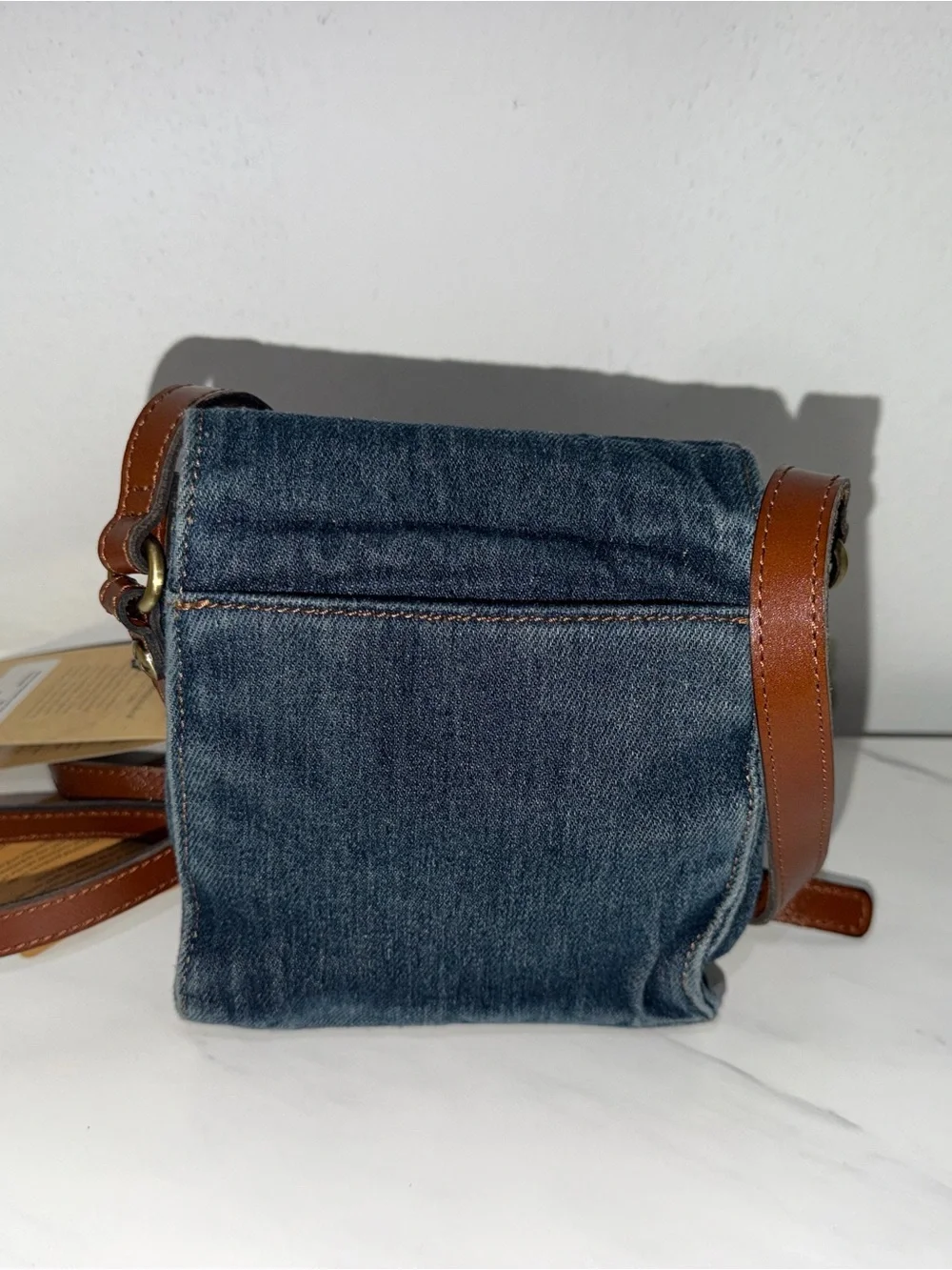 Denim Crossbody Bag with Brown Leather Strap